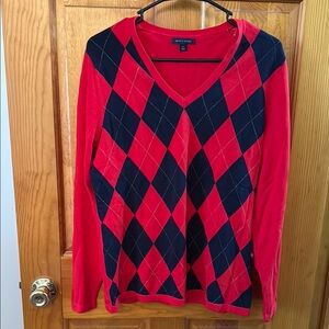 #58 - Tommy Hilfiger Red and Blue V-Neck Argyle Sweater